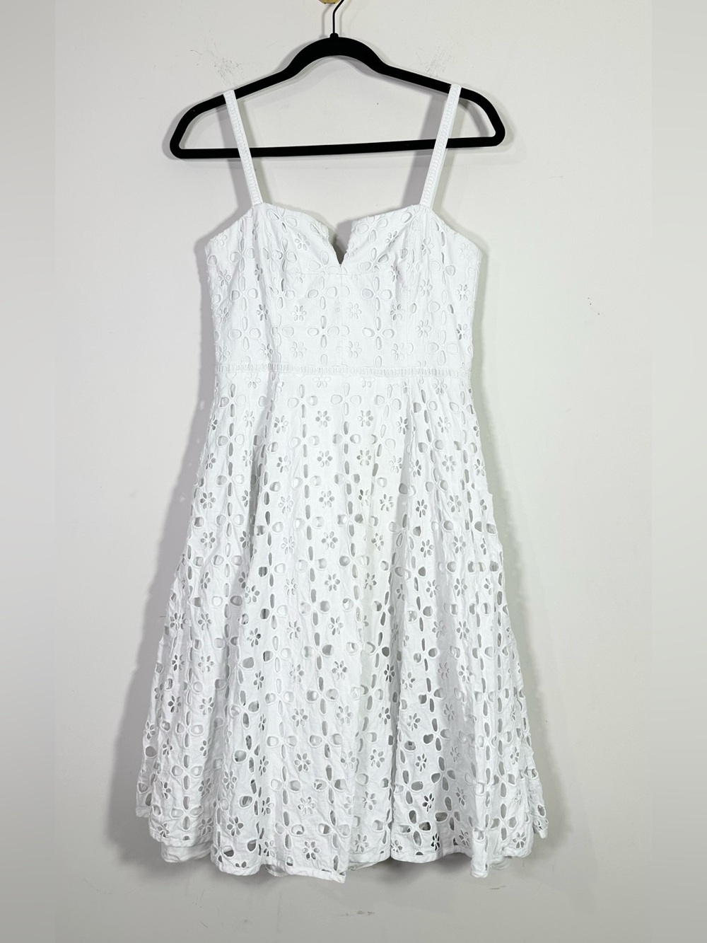 Milly White Eyelet Lace Lined Spaghetti Strap A-Line Cotton Midi Dress